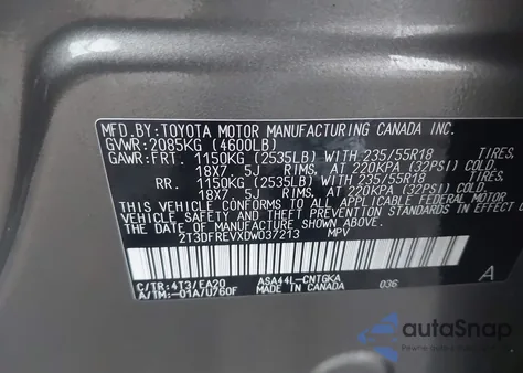 2013 Toyota Rav4 Limited из США, поврежденный, VIN 2T3DFREVXDW037213